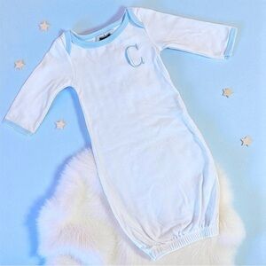Mud Pie Monogram “C” Blue Trim Baby Gown 0–3M White Cotton